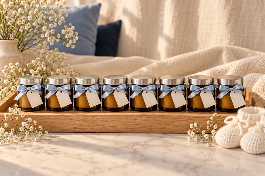 Mini velas com laço azul, lembrancinhas de maternidade (imagem ilustrativa)